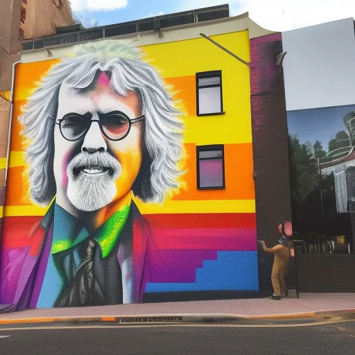 01672-3554747040-Man painting a picture of Billy Connolly on the end of a building, small brick texture showing through paint, busy street, in th.webp